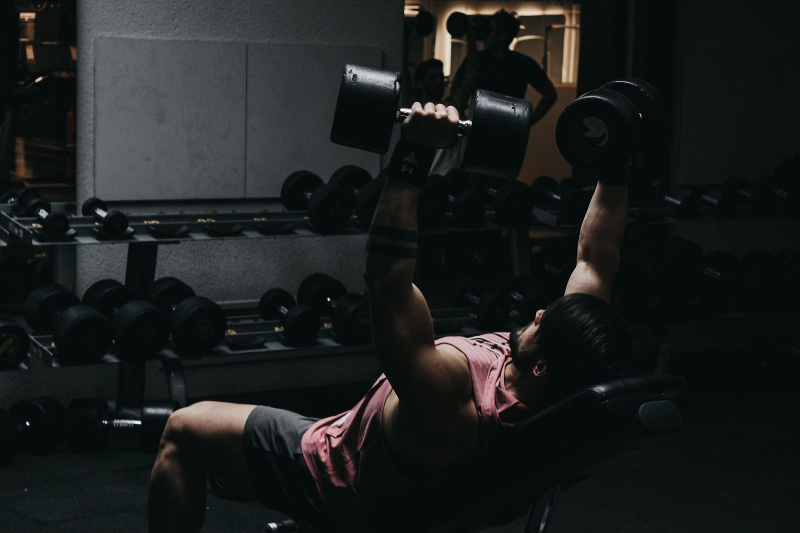 Person lifting dumbbells on a bench, representing bulking and cutting training phases